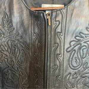 Coldwater Creek Black Leather Embroidered Women's Zip-up Jacket